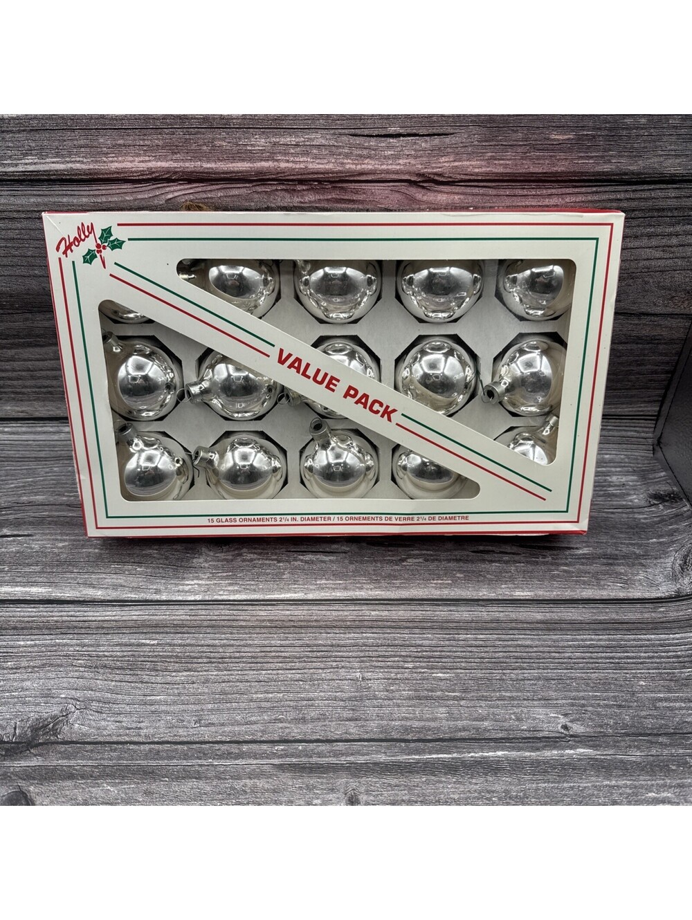 Vintage 15 Holly Glass Christmas Ornaments Silver Made In USA 214/15